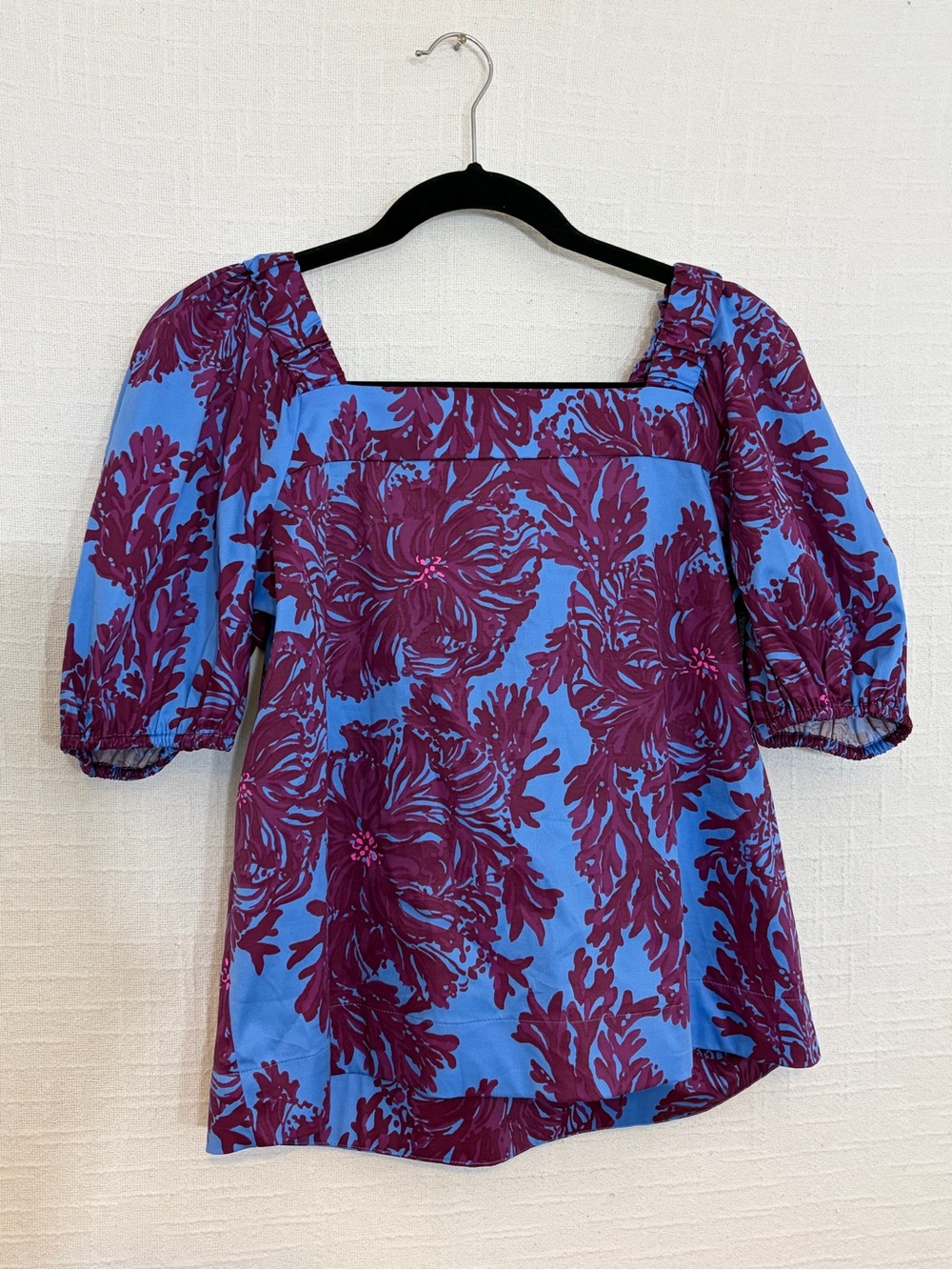 Lilly Pulitzer Blue/Purple Floral Square Neck Tie Puff Sleeve Blouse size 2